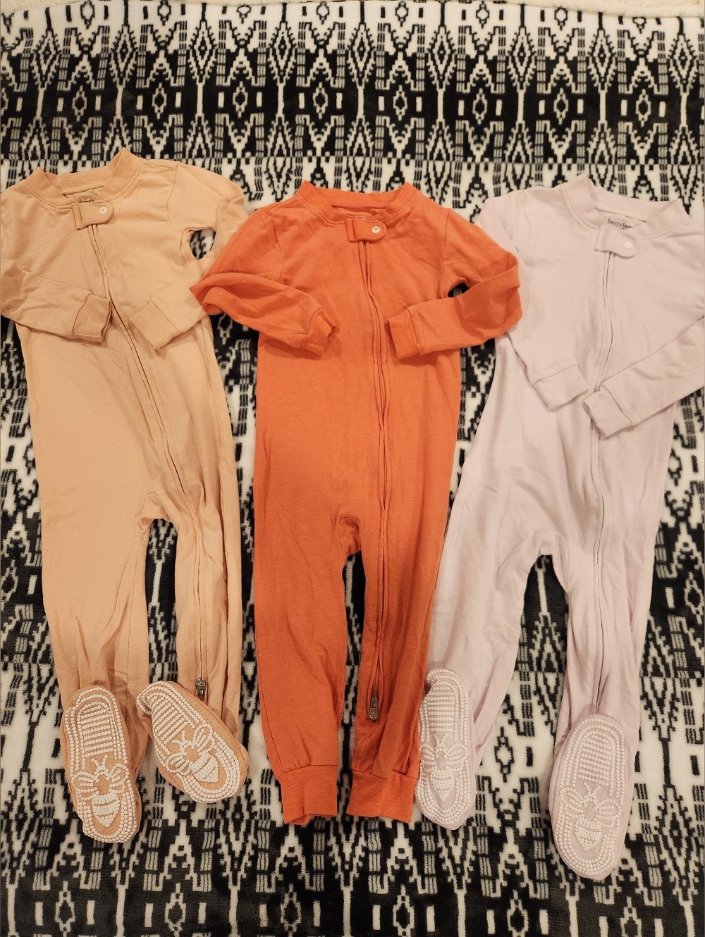 3 Burt's Beee Baby Zipper Footed Pajamas - Peach, Orange, Lavender, Size 24M
